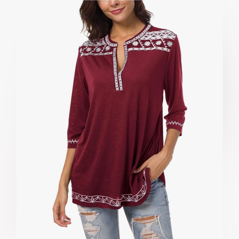 NWT - Urban Coco - Women's 3/4 Sleeve Boho Shirts Embroidered Peasant Top